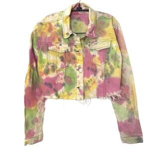 GLAMOROUS Women's Tie Dyed Denim Jacket Cropped Raw Hem Colorful Grunge